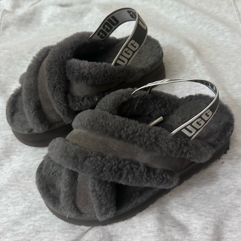 UGG Gray Cozy Slippers with Plush Cross-Straps